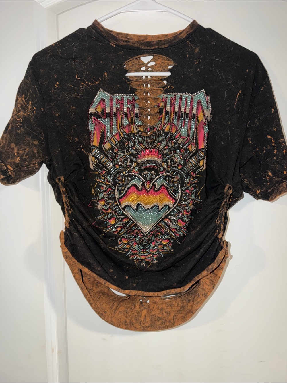Affliction Graphic Women’s T-Shirt with Multicolor Rhinestone Heart Design